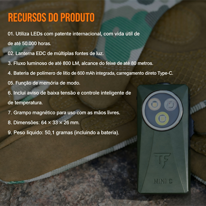 Lanterna EDC MINI-C 800LM Preto com Clip Magnético Recarregável USB-C TrustFire
