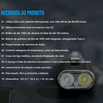 Lanterna EDC MINIX6-SE 1500LM com Luz UV Recarregável USB-C TrustFire