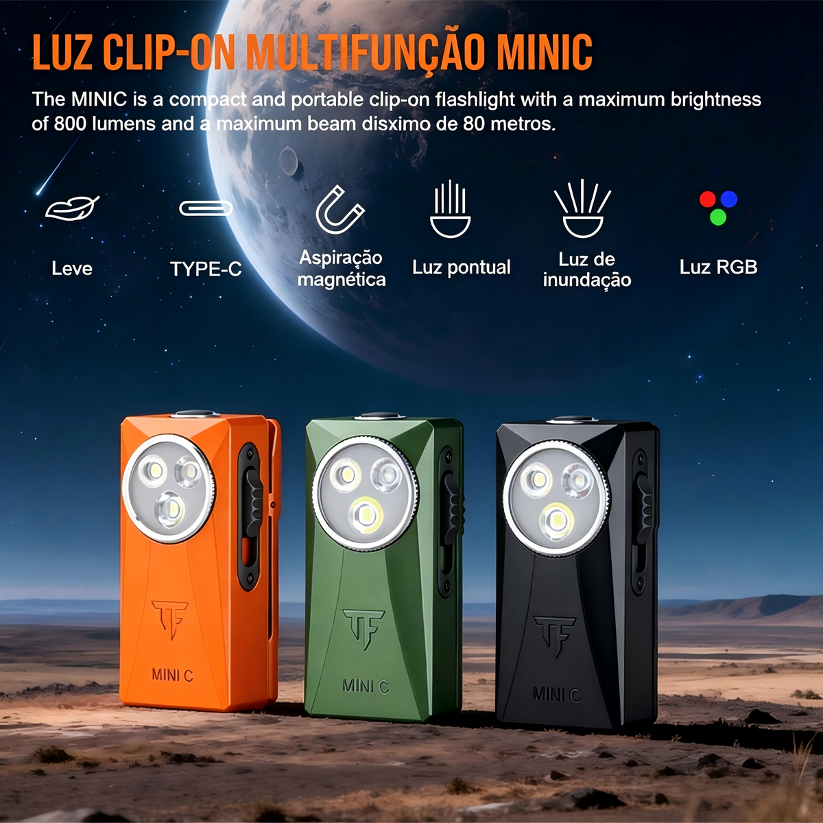 Lanterna EDC MINI-C 800LM Preto com Clip Magnético Recarregável USB-C TrustFire