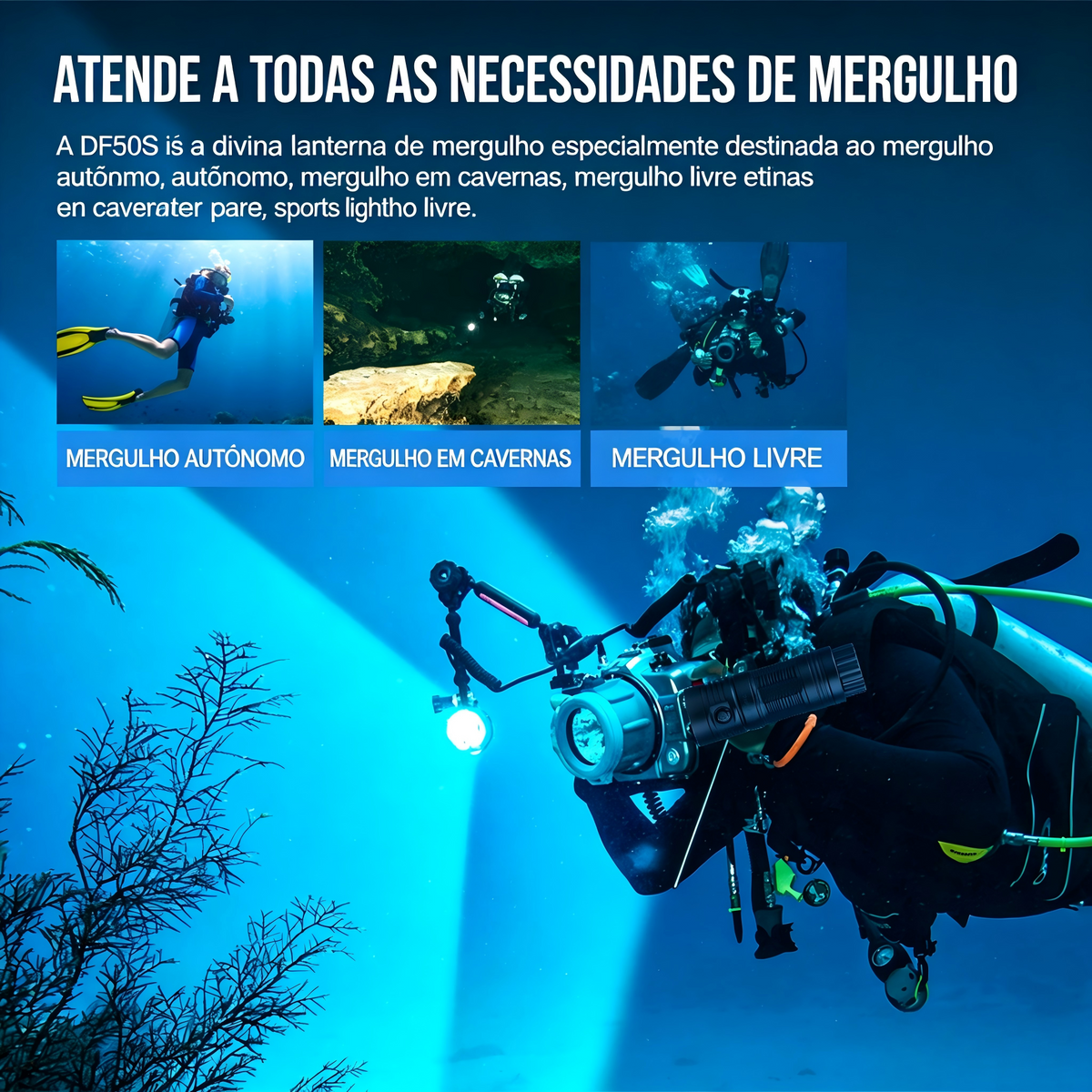 Lanterna de Mergulho DF50S 6500LM à Prova d'Água 70M com Luz UV e Vermelha TrustFire