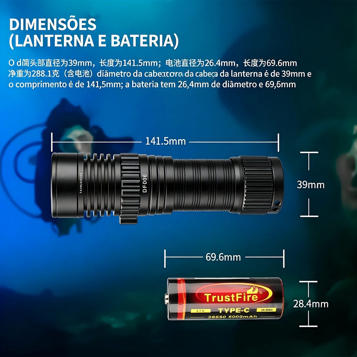 Lanterna de Mergulho DF006 2300LM à Prova d'Água 70M Recarregável Type-C TrustFire