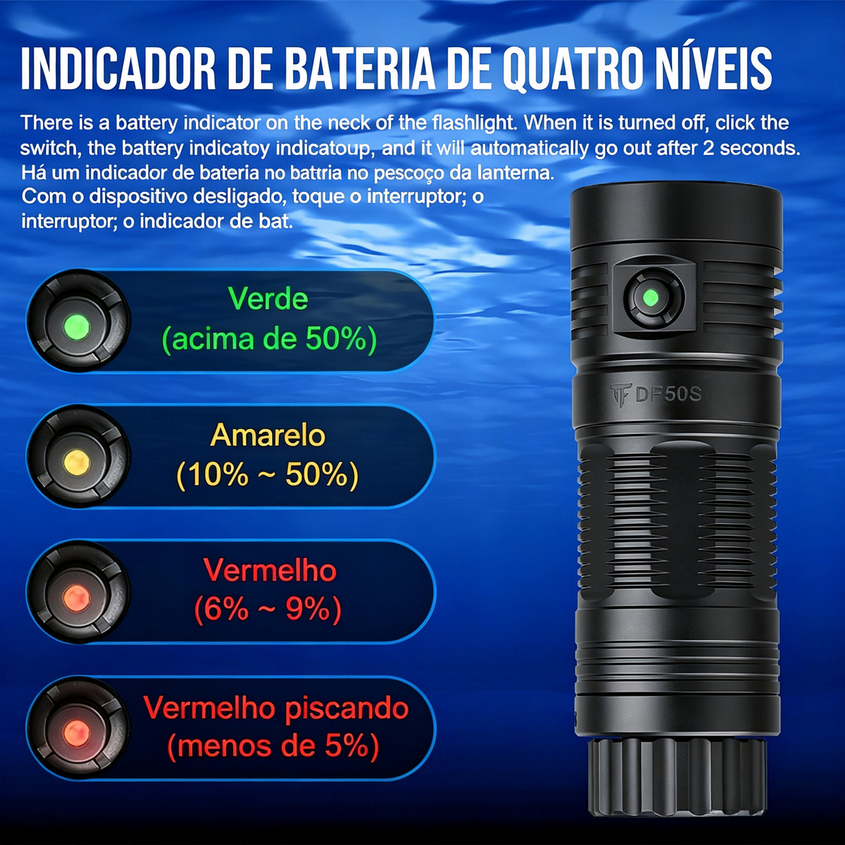 Lanterna de Mergulho DF50S 6500LM à Prova d'Água 70M com Luz UV e Vermelha TrustFire