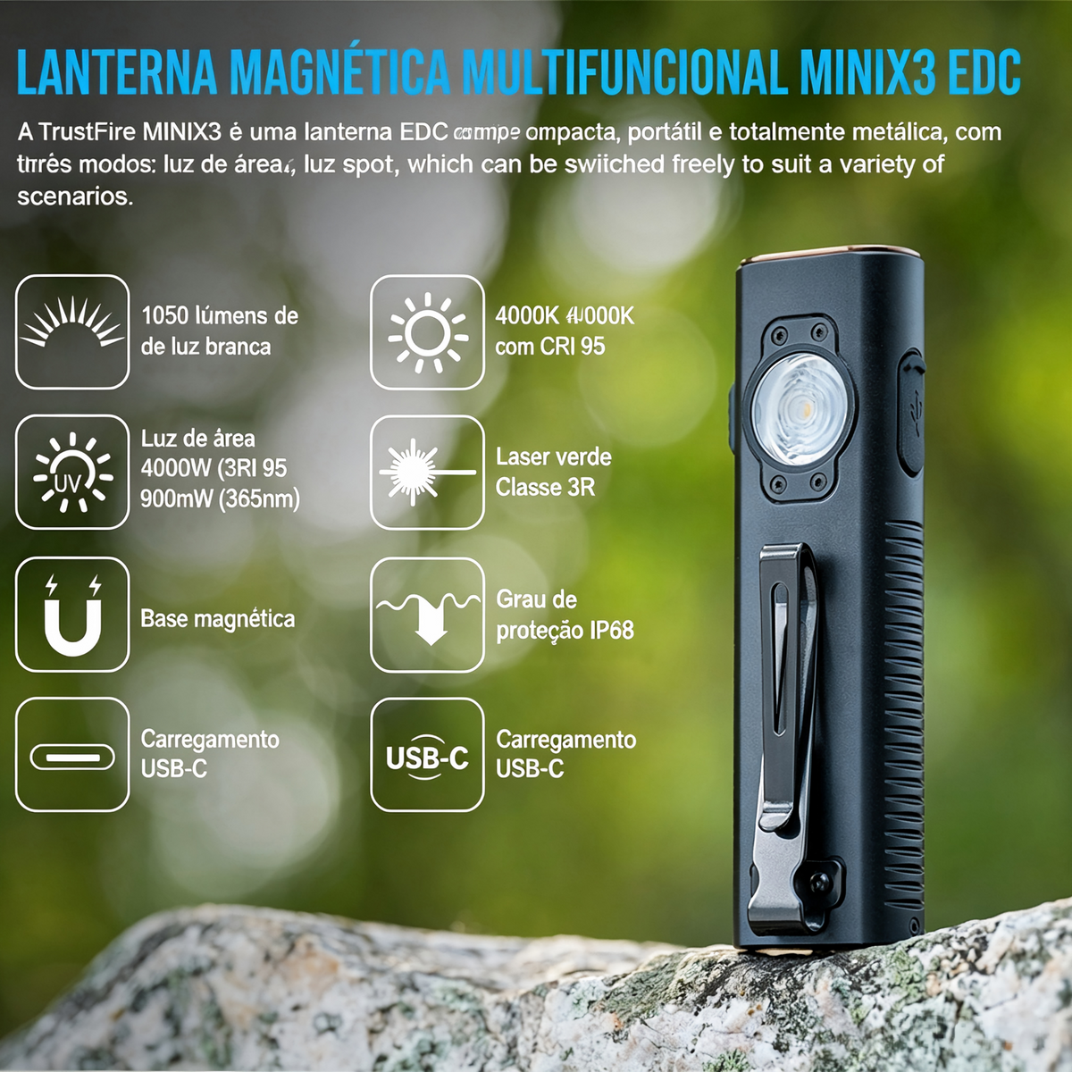 Lanterna de Cabeça MINIX3 1050LM Multifuncional Recarregável TrustFire