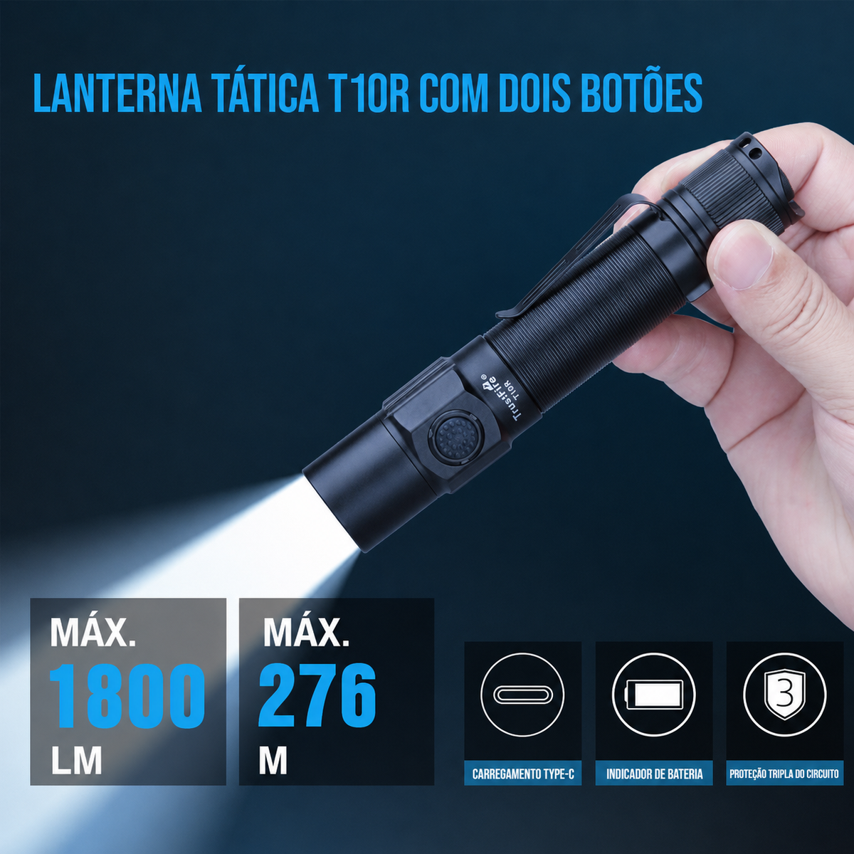 Lanterna Tática T10R V2 1800LM Recarregável USB-C TrustFire