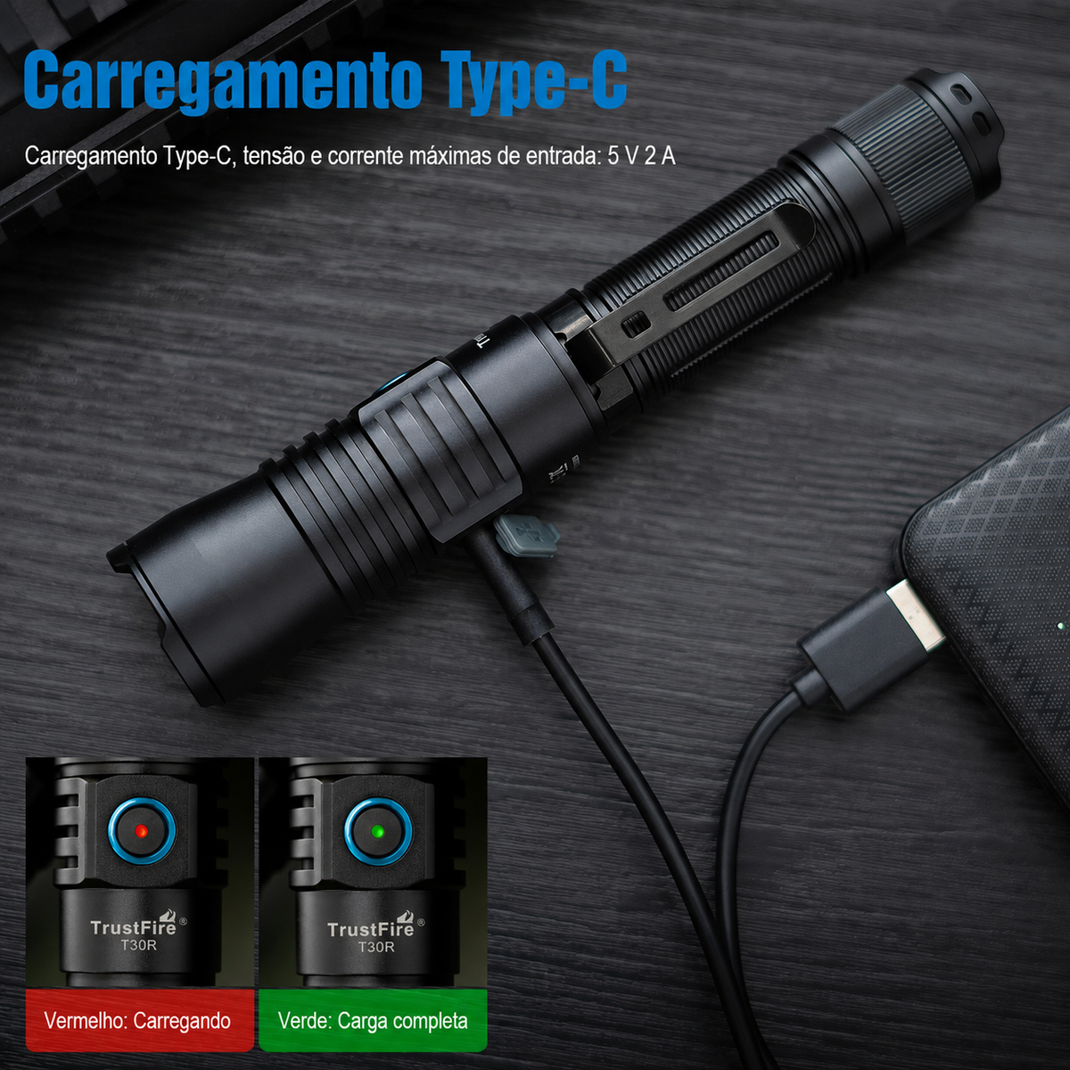Lanterna Tática T30R 460LM Recarregável USB-C TrustFire