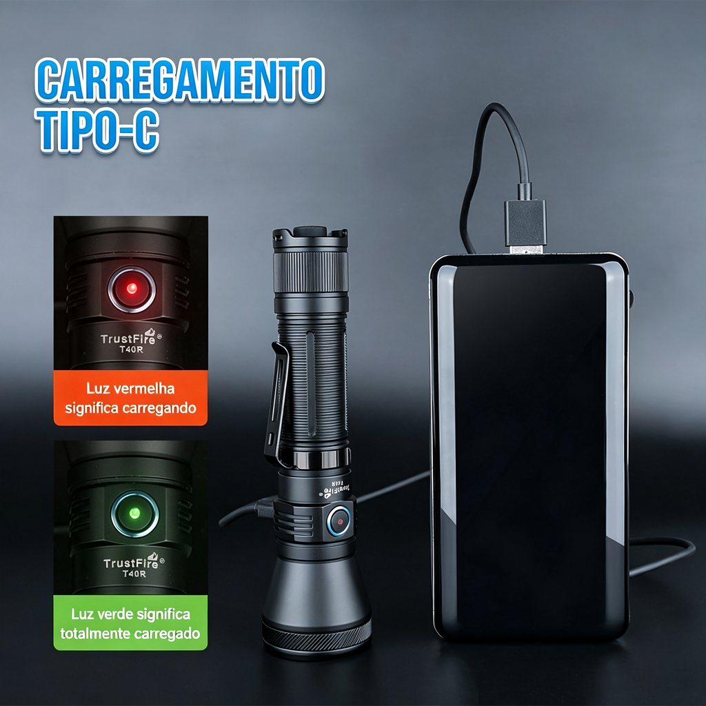 Lanterna Tática T40R 1800LM Recarregável USB-C TrustFire