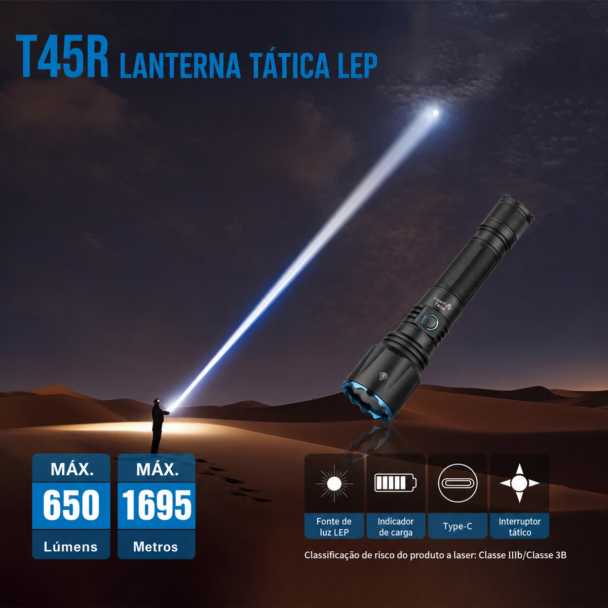 Lanterna Tática T45R Longo Alcance 650LM TrustFire