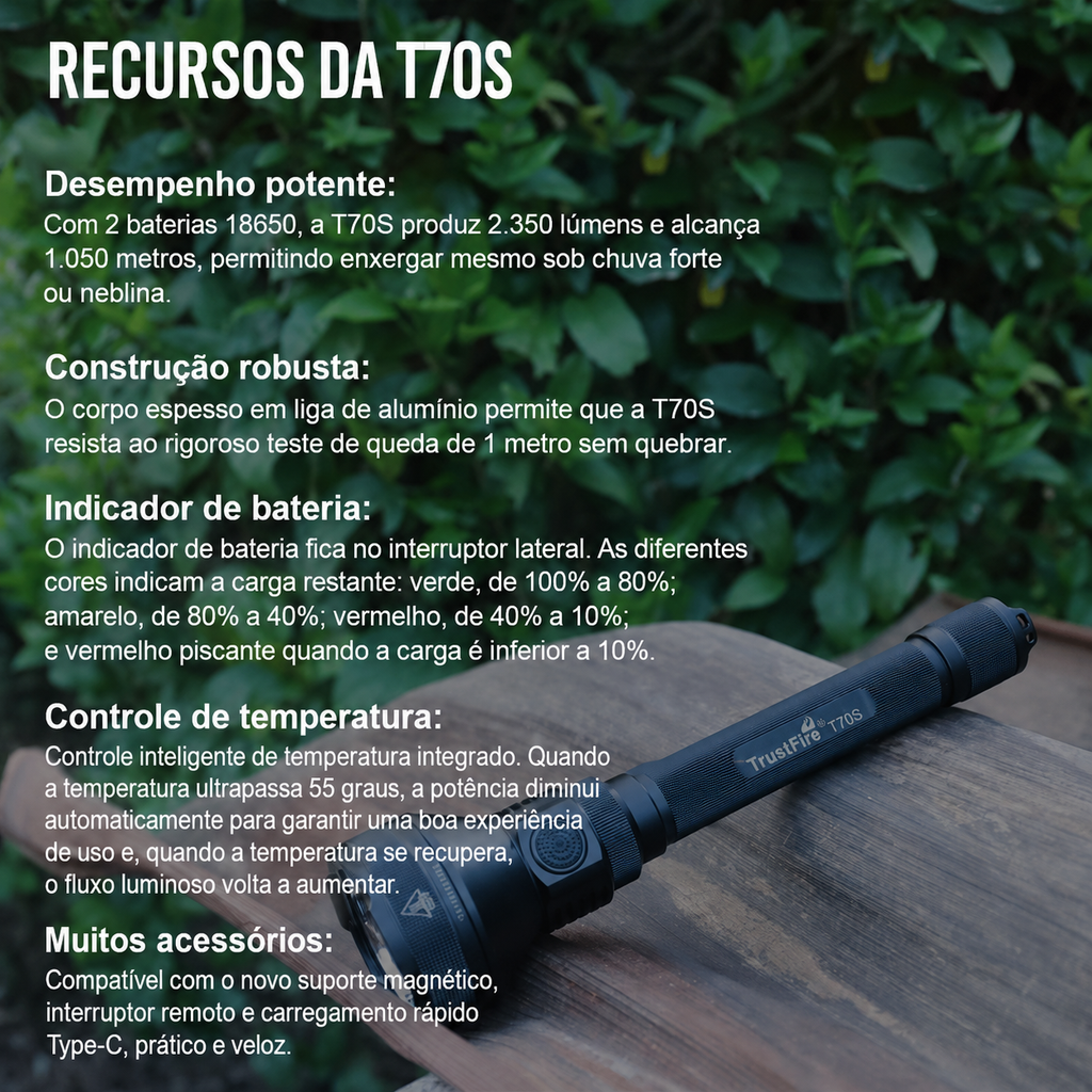Lanterna Tática T70S Longo Alcance 2350LM TrustFire (Pacote Completo)