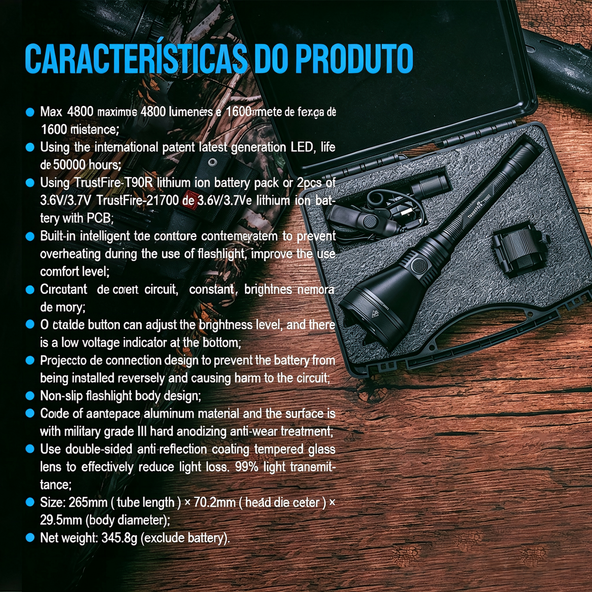 Lanterna Tática T90R Longo Alcance 4800LM TrustFire (Kit)