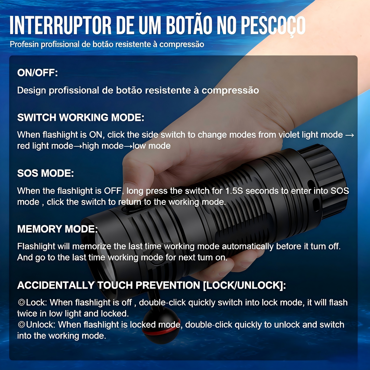 Lanterna de Mergulho DF50S 6500LM à Prova d'Água 70M com Luz UV e Vermelha TrustFire