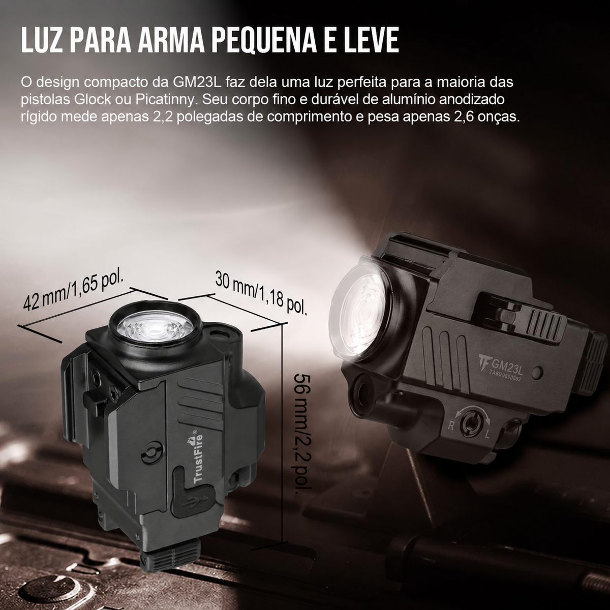 Lanterna de Pistola GM23L 850LM com Laser Verde Recarregável USB-C TrustFire | Lanterna de Arma
