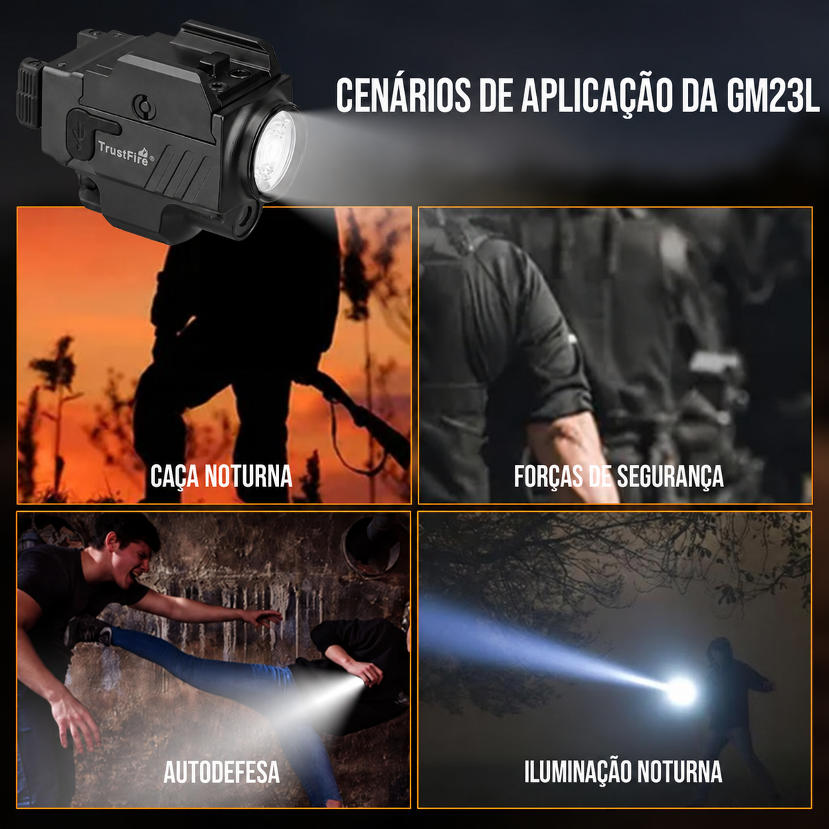 Lanterna de Pistola GM23L 850LM com Laser Verde Recarregável USB-C TrustFire | Lanterna de Arma