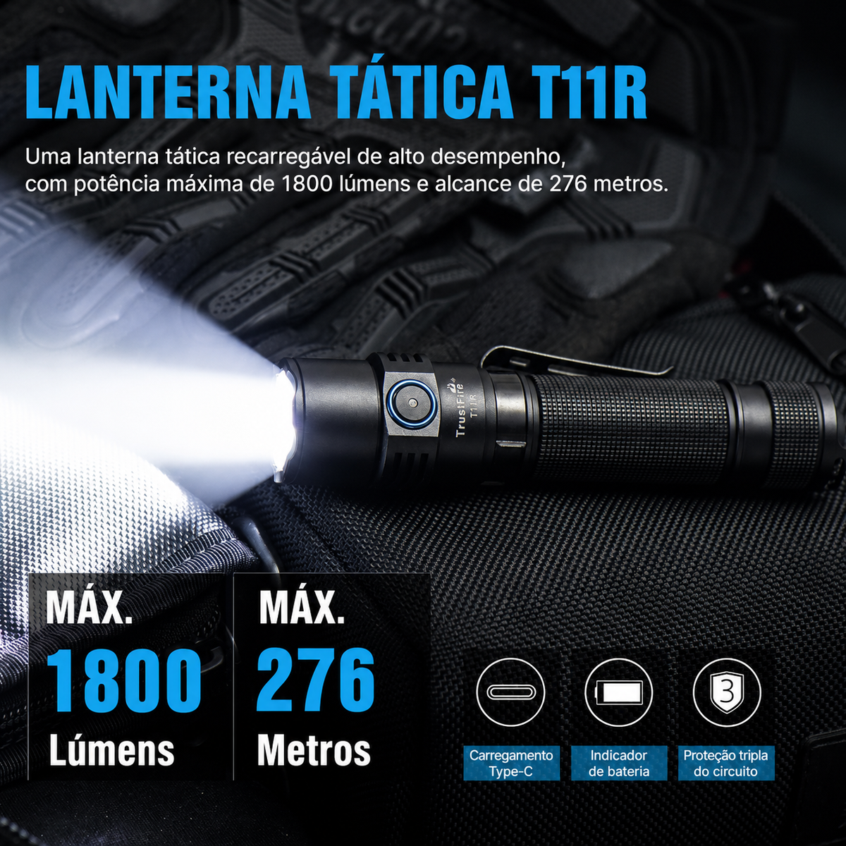Lanterna Tática T11R 1800LM Recarregável USB-C TrustFire
